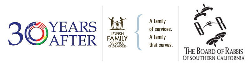 There are three logos starting from left first one is 30 years after logo, followed by Jewish family Service in los angeles and the last logo on the extreme right is the board of rabbis of southern california